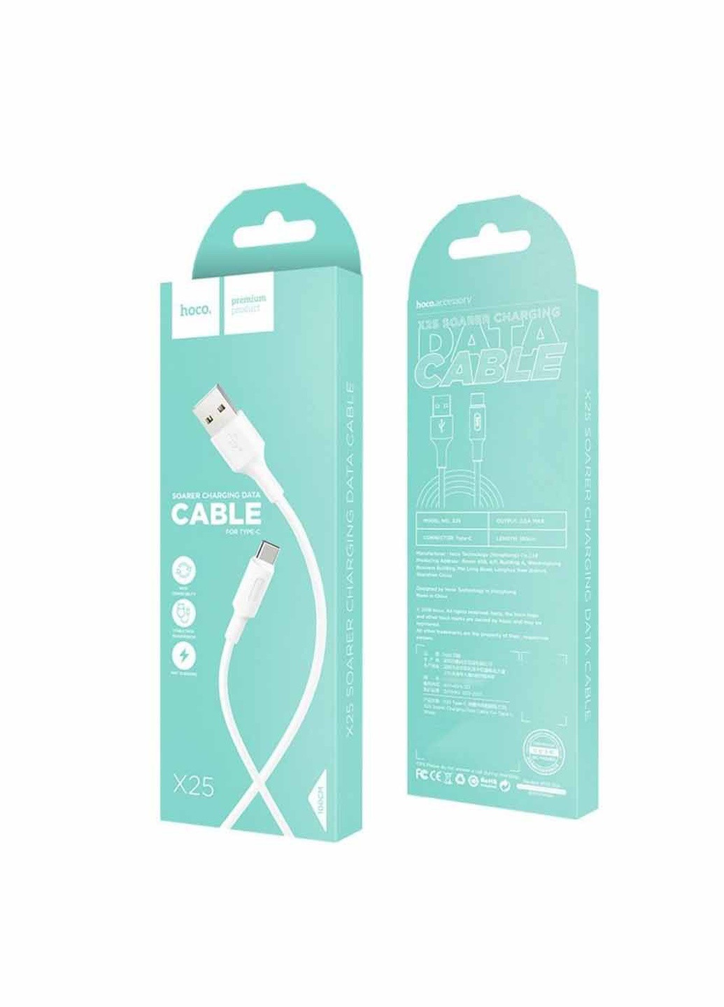 USB кабель X25 1m Type-C цвет белый ЦБ-00192785 Hoco (259465574)