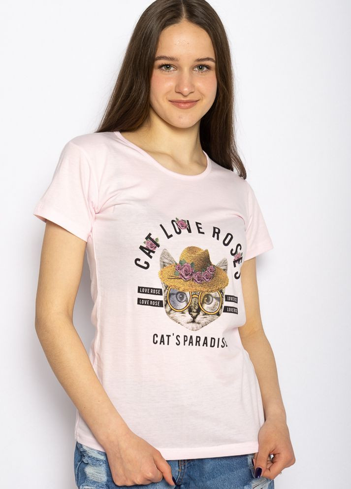 Светло-розовая летняя футболка женская кот в шляпе (светло-розовый) Time of Style
