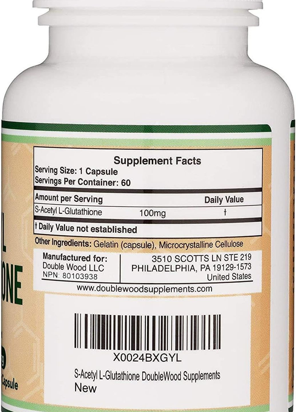 S-ацетил L-глутатион S-Acetyl L-Glutathione 100 mg 60 capsules Double Wood Supplements (261765753)