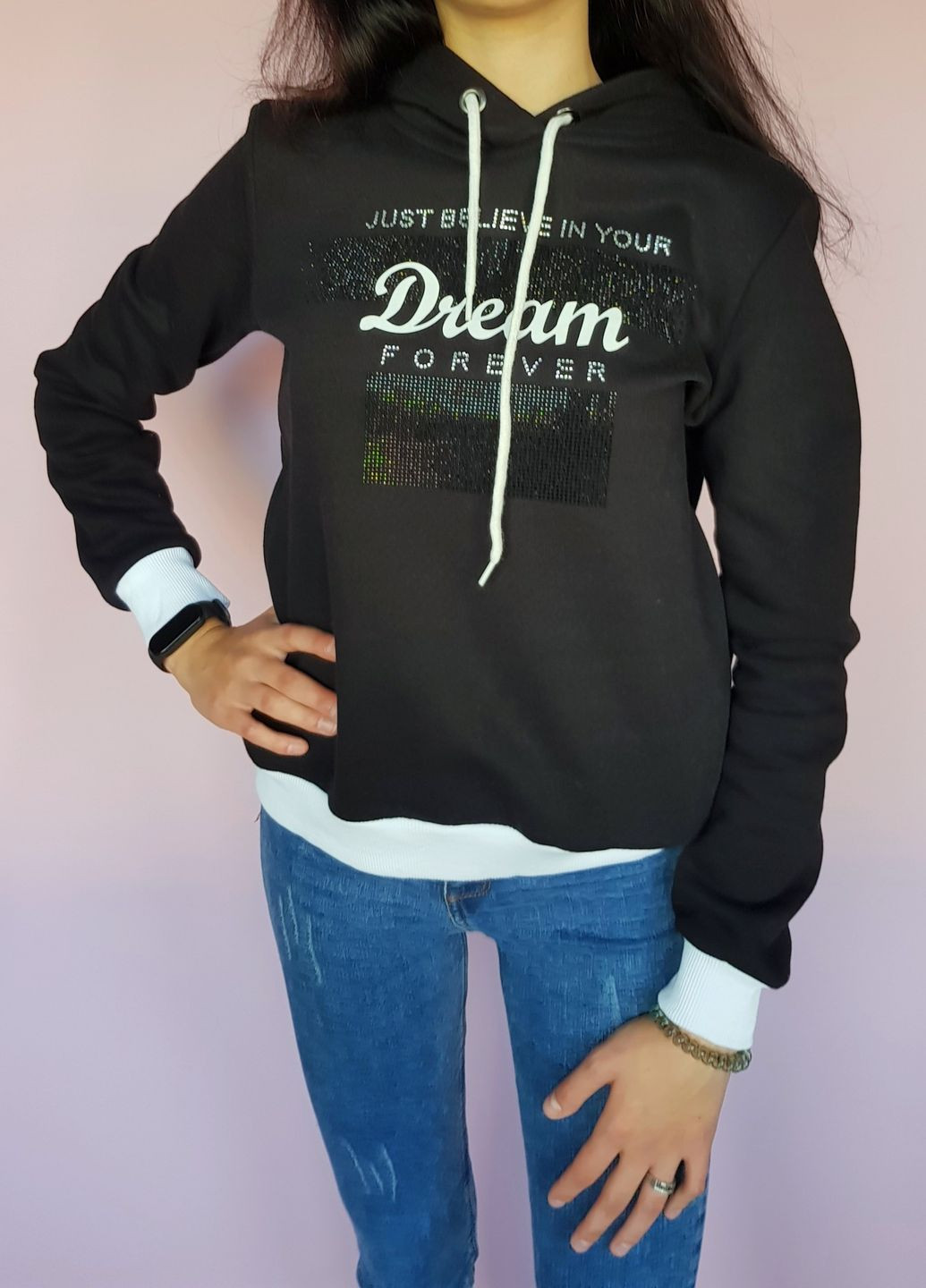 Чорний світшот однотонний з стразами rich glam чорний (262892631)