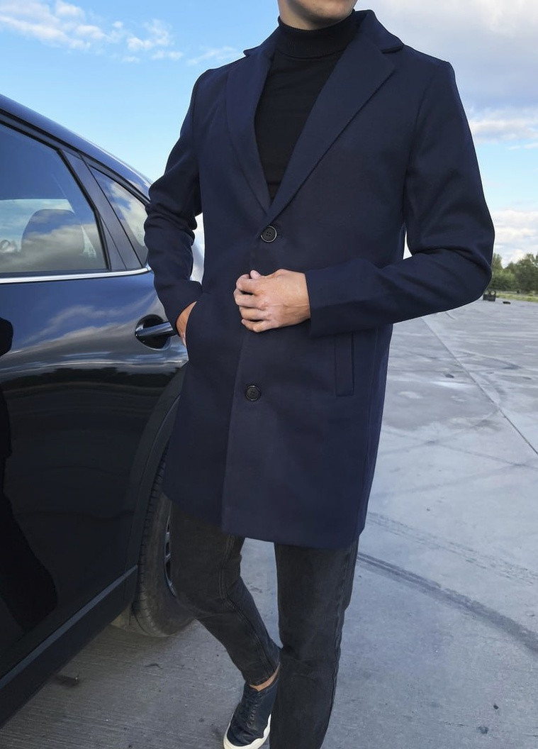Синее демисезонное Стильное мужское пальто No Brand