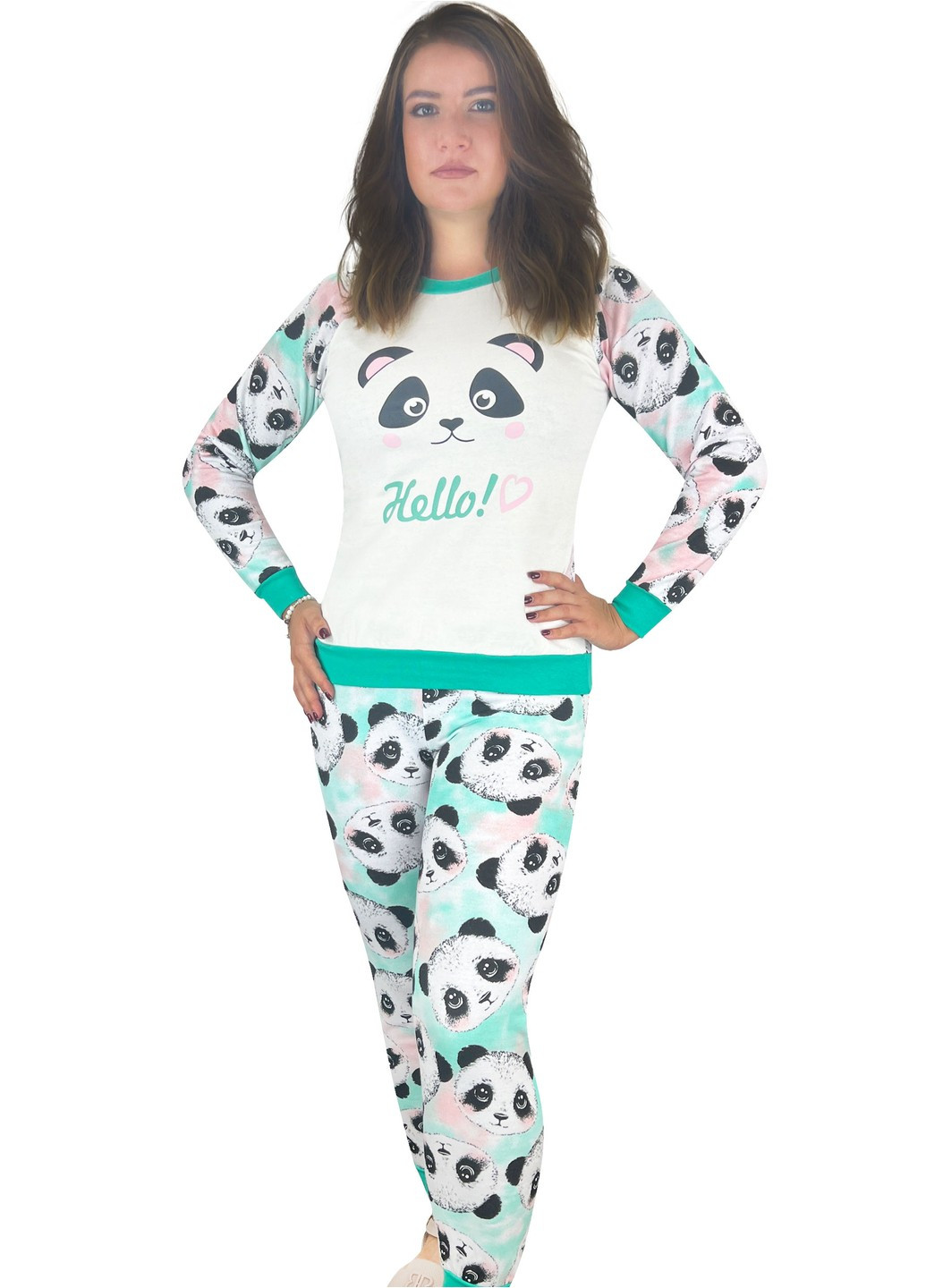 Зеленая всесезон пижама начесная подростковая панда кофта + брюки Жемчужина стилей 4626
