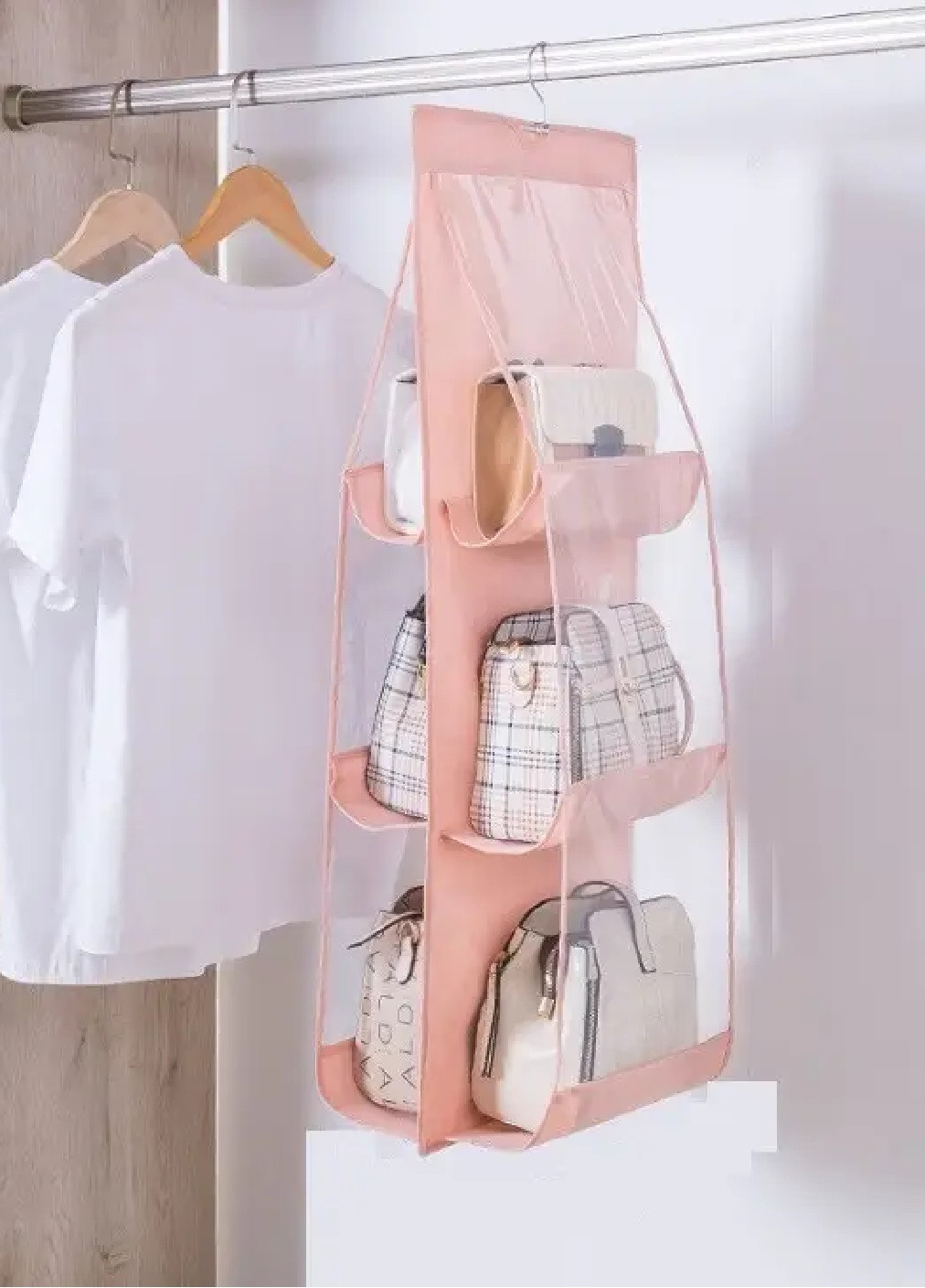 Органайзер вішалка підвісний двосторонній для зберігання сумок на 6 прозорих відділень 81х35 см (475963-Prob) Кораловий Unbranded (275068678)