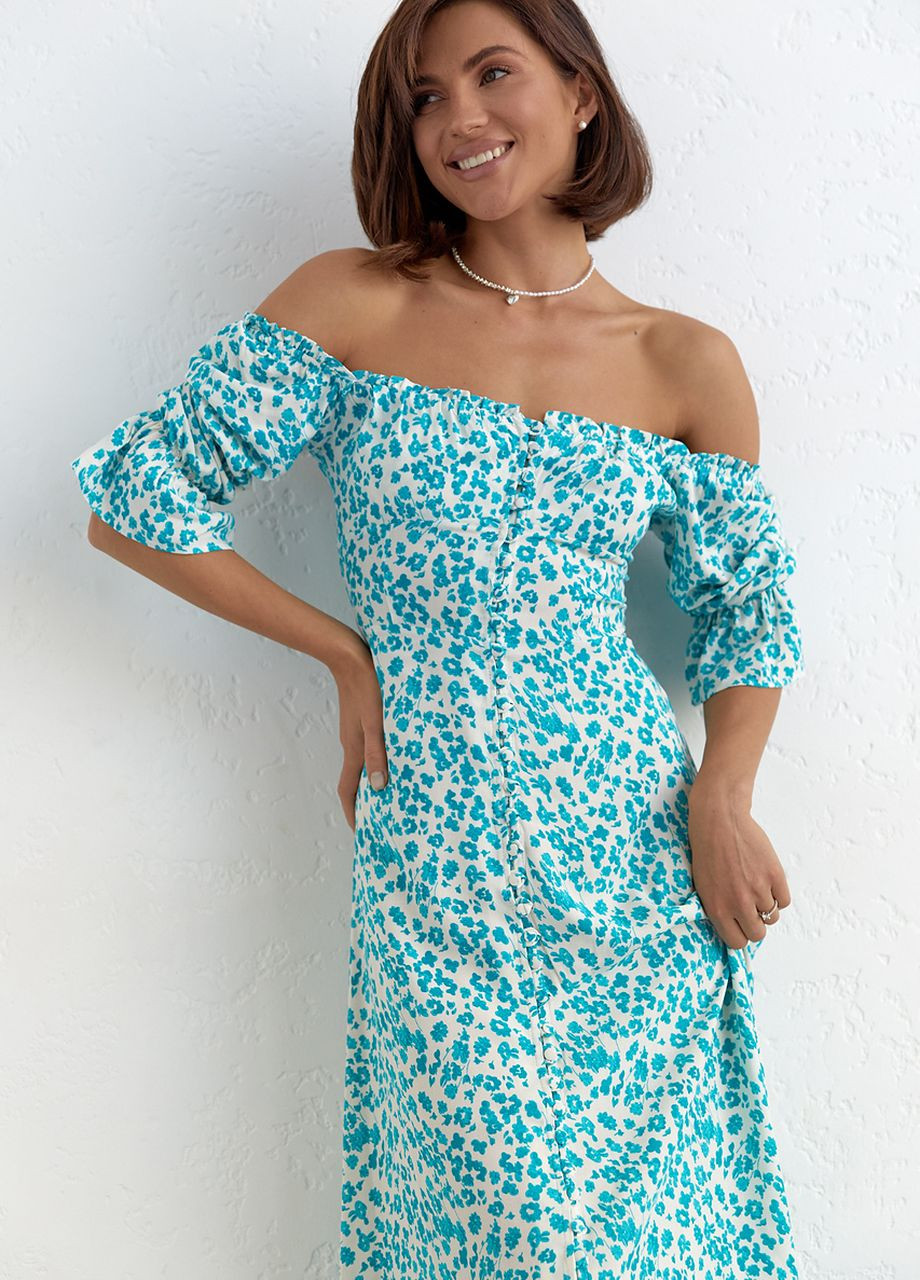 Бирюзовое откровенный летнее платье на пуговицах и с открытыми плечами - бирюзовый Lurex