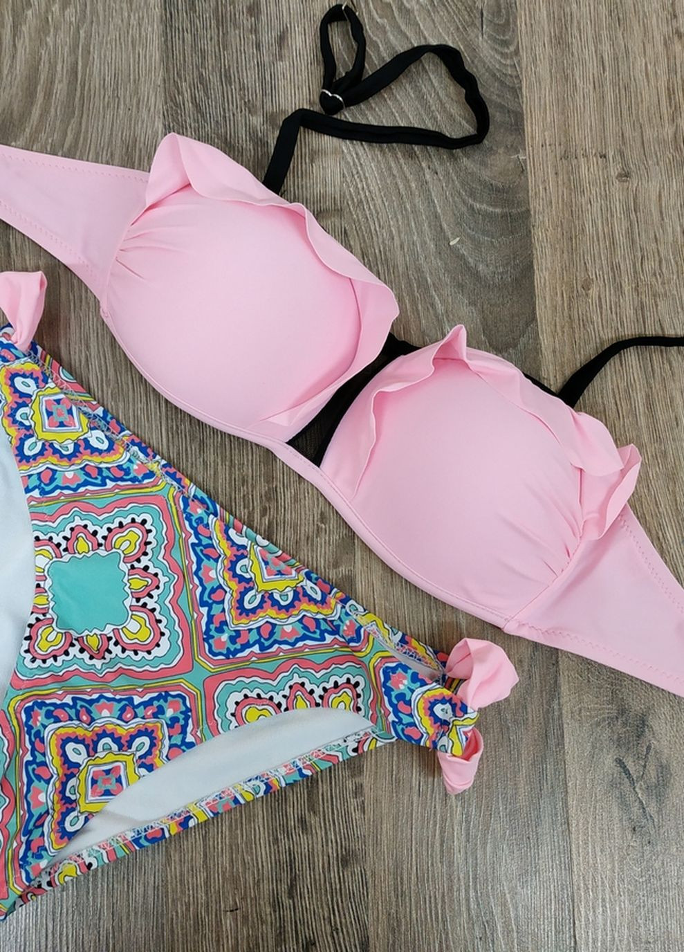 Рожевий літній купальник ліф з оборками плавки з квітами жіночий стильний красивий роздільний No Brand 6390
