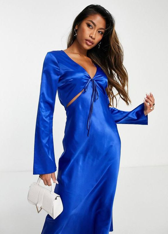 Синее повседневный, праздничный, коктейльное, вечернее синее атласное платье с вырезами Topshop