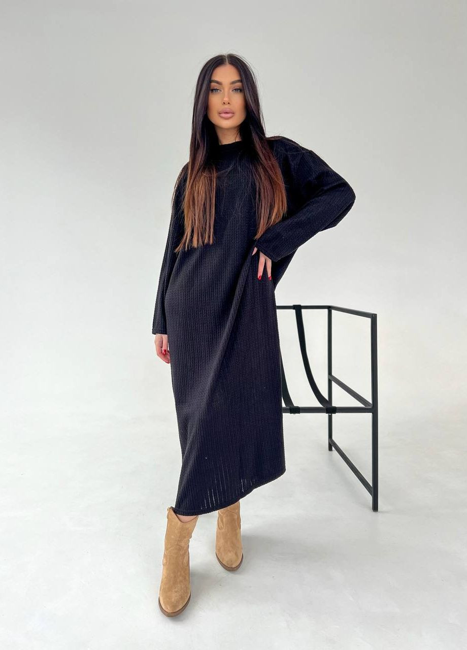 Черное идеальное платье с поясом из вязки для ваших осенних образов, приятное к телу платье и крой который подчеркнёт вашу фигуру No Brand