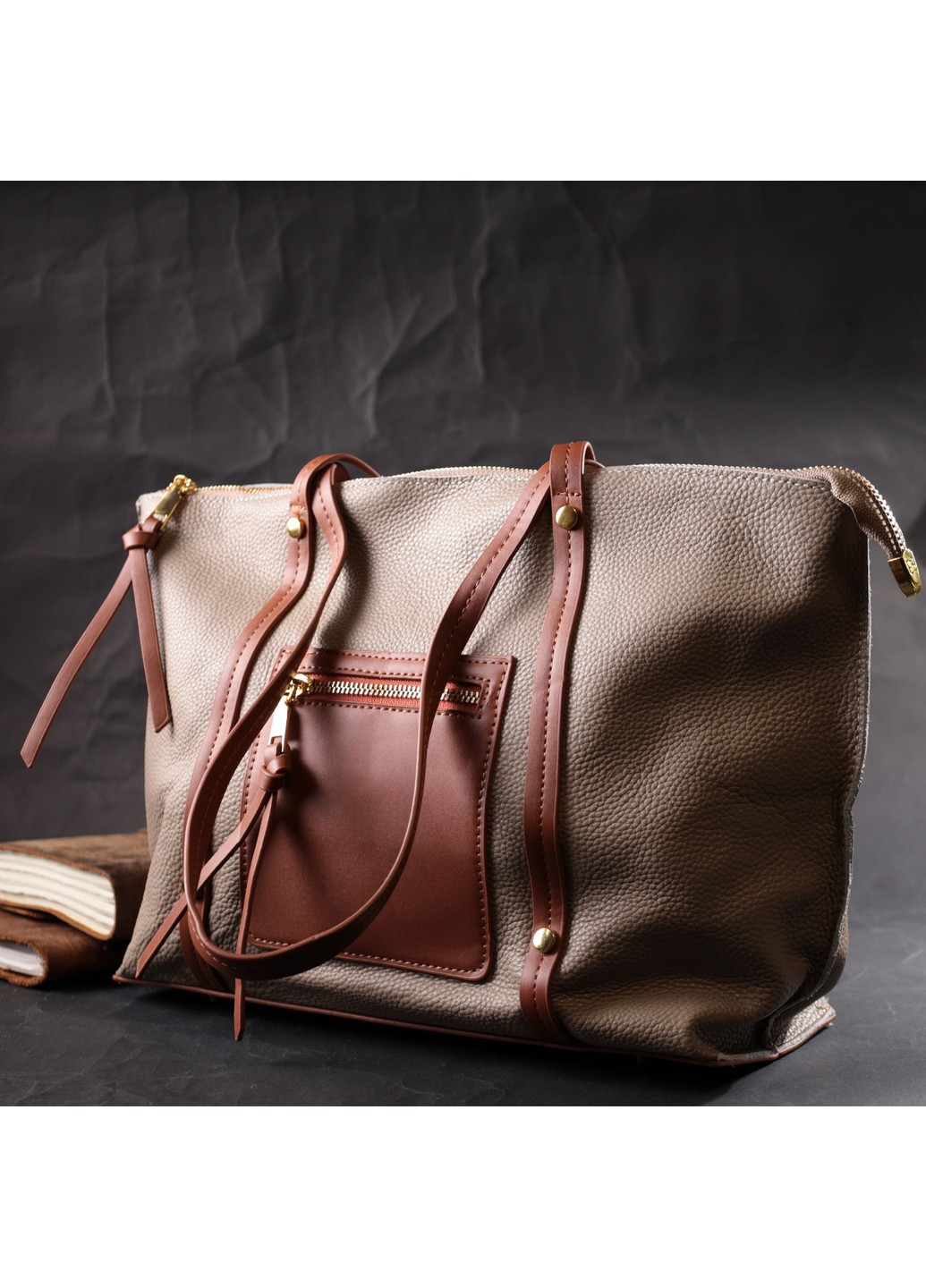 Оригинальная двухцветная женская сумка из натуральной кожи 22304 Бежевая Vintage (276461729)