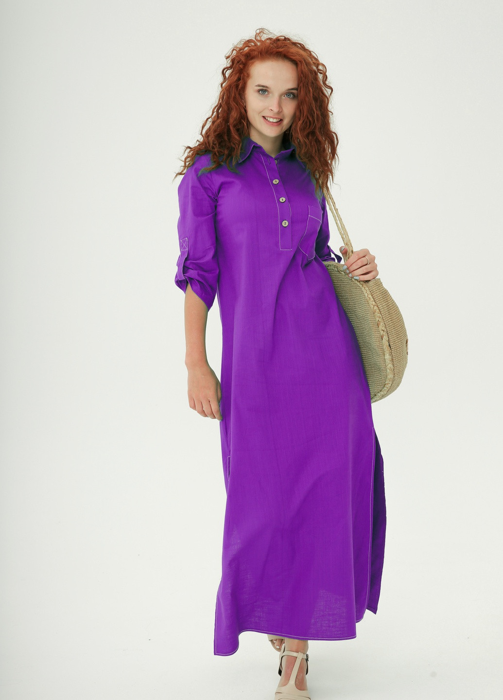 Фиолетовое кэжуал классическое длинное прямое платье из натурального льна INNOE однотонное