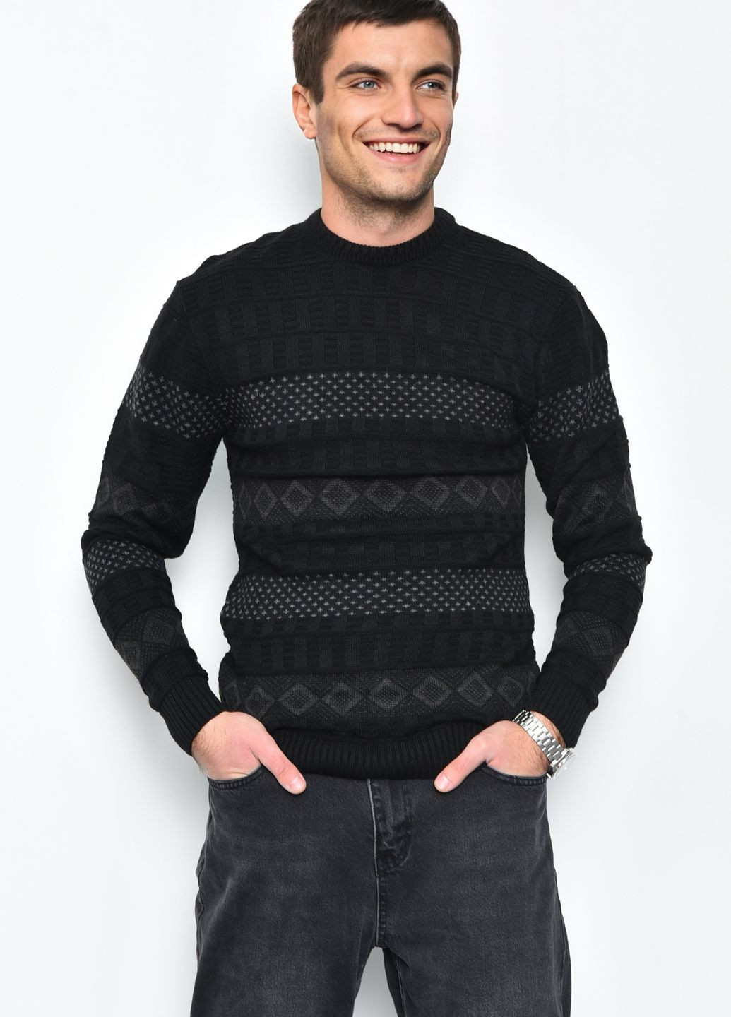 Черный демисезонный свитер мужской черного цвета акриловый пуловер Let's Shop