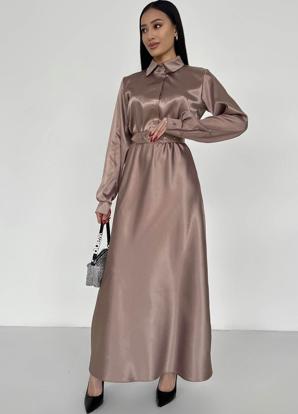 Светло-коричневое праздничный, вечернее платье из атласа цвета мокко Jadone Fashion однотонное
