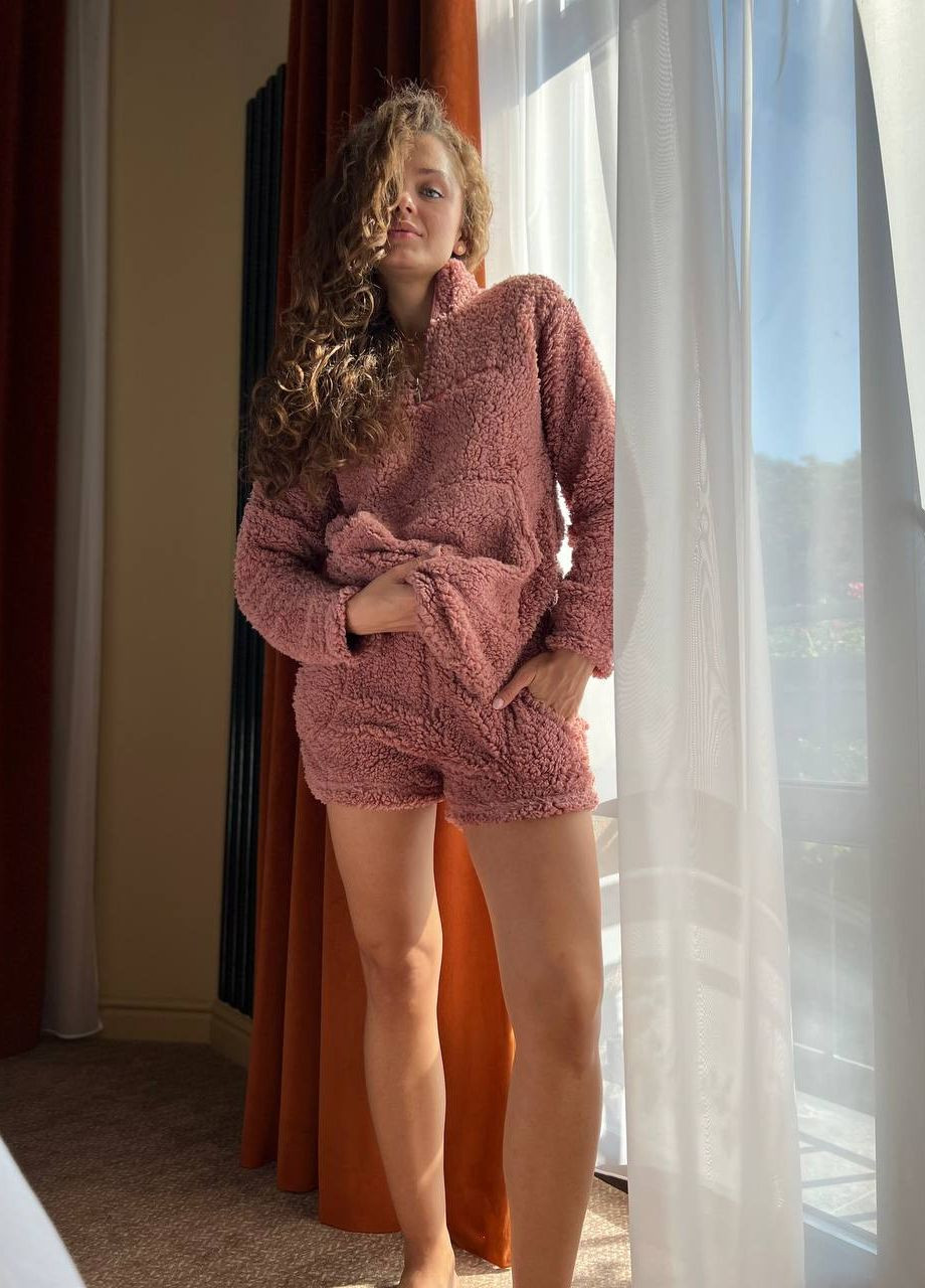 Розово-коричневая зимняя женская теплая пижама худые и шорты свитшот + шорты No Brand