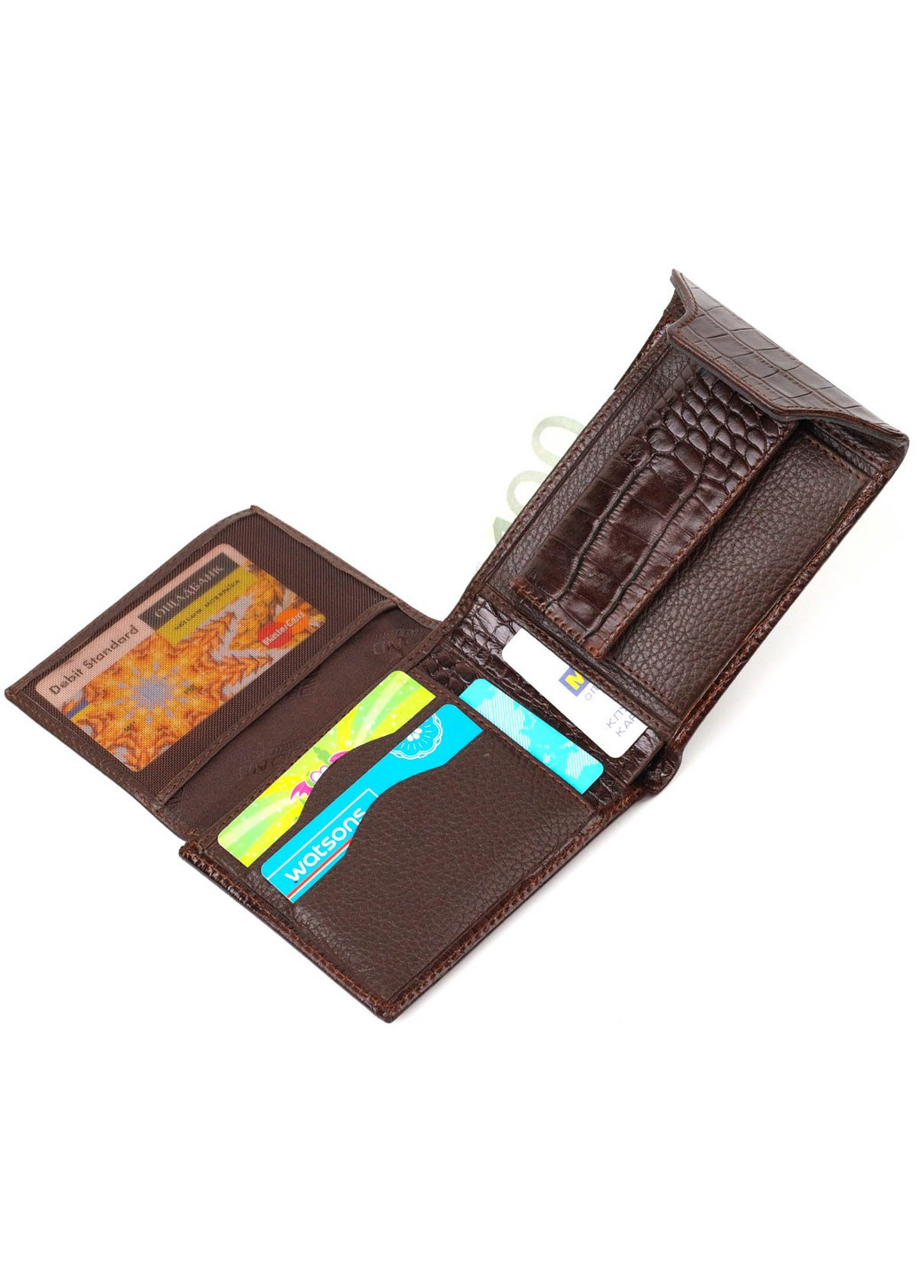 Фактурний чоловічий гаманець з натуральної шкіри з тисненням під крокодила з цікавою застібкою 21990 Коричневий Bond (262157959)