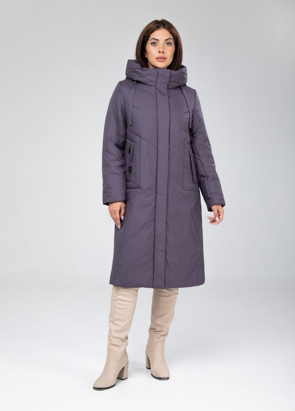 Фиолетовое зимнее Женское зимнее длинное пальто больших размеров баклажан 32172 Delfy