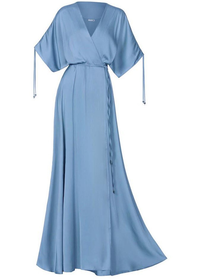 Голубое платье длинное, на запах в японском стиле с поясом - ипомея Garna