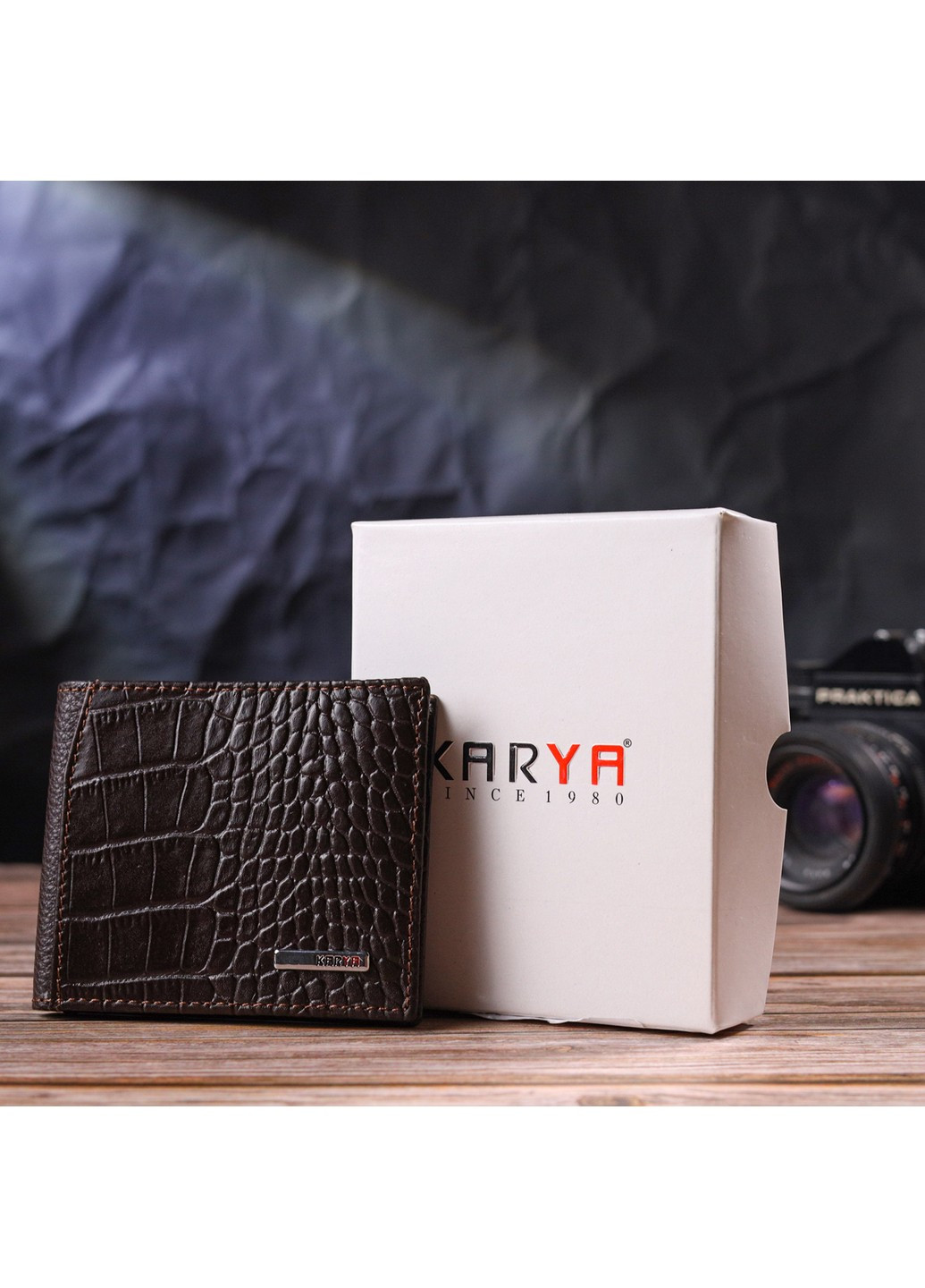 Фактурный мужской зажим с монетницей из натуральной кожи с тиснением под крокодила 21405 Коричневый Karya (258267869)