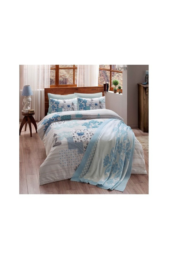 Набор постельного белья ранфорс + плед вязанный Triko - Armina mavi v4 голубой евро Tac (258218486)