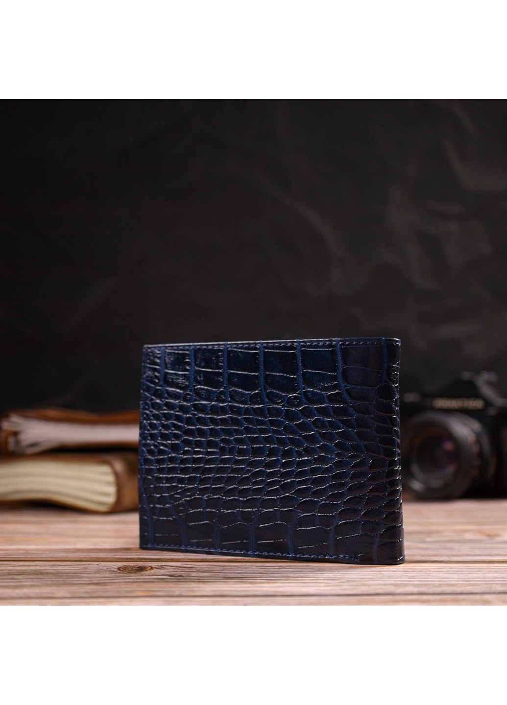 Горизонтальний чоловічий гаманець середнього розміру з натуральної шкіри з тисненням під крокодила 21861 Синій Canpellini (259829967)