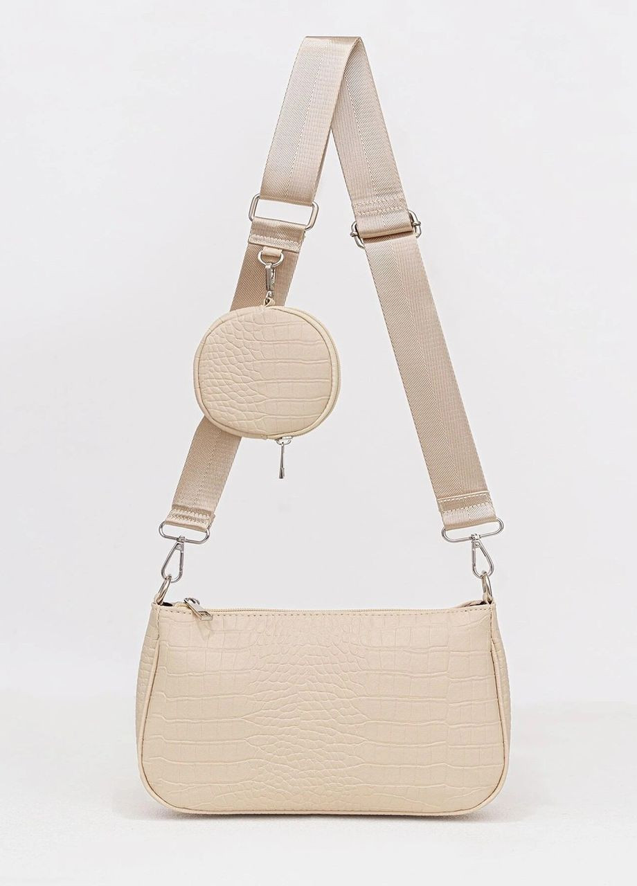 Женская классическая сумка багет с кошельком рептилия T-132 бежевая No Brand (276457667)