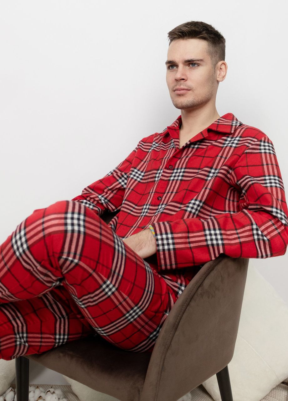 Піжама чоловіча домашня фланелева сорочка зі штанами Червоно-біла клітинка Maybel (274059876)