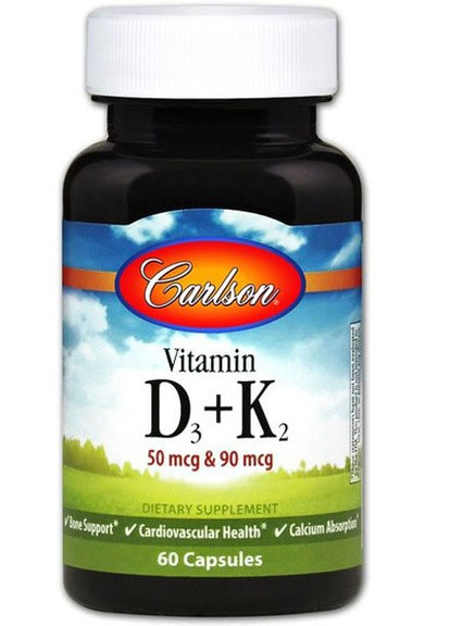 Vitamin D3 + K2, 50 mcg + 90 mcg 60 Caps CAR-10610 Carlson Labs (256725420)