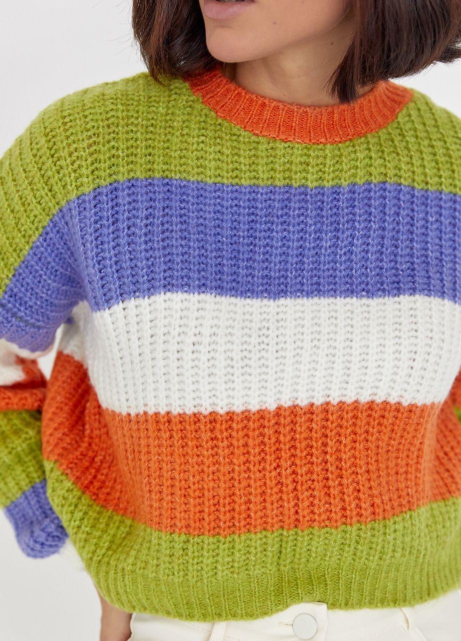 Оранжевый демисезонный укороченный вязаный свитер в цветную полоску - оранжевый Lurex