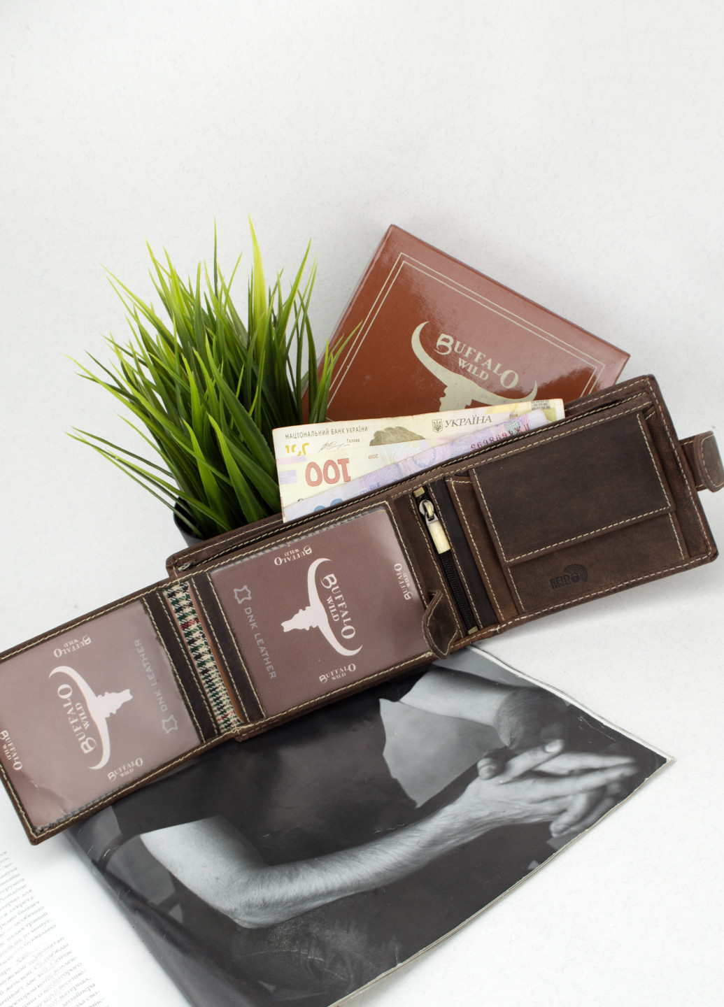 Чоловіче шкіряне портмоне на кнопці -02L BAW TAN коричневе DNK (259294511)