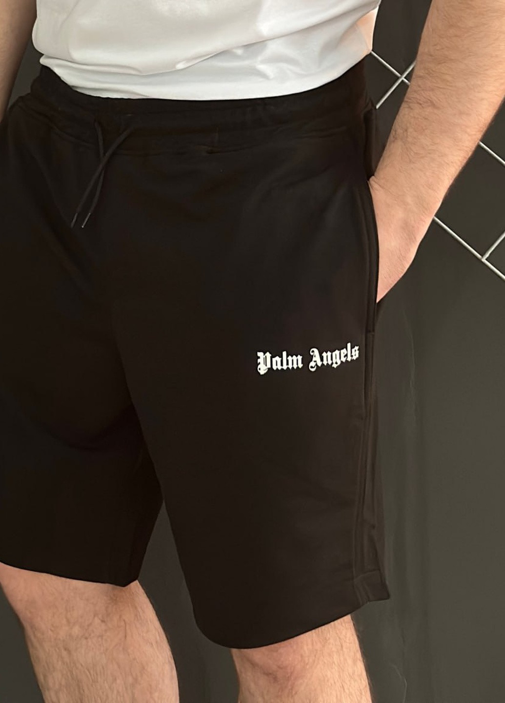 Чорний літній шорти palm angels білий лого + футболка palm angels чорна Vakko