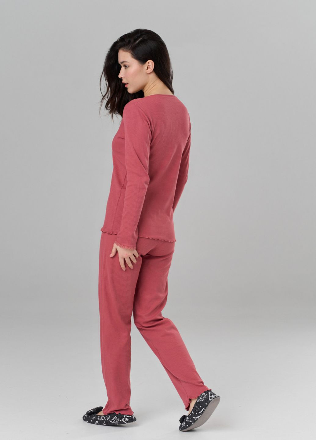 Світло-бордова всесезон жіноча піжама в рубчик реглан + брюки Nicoletta