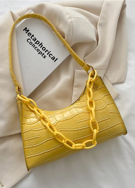 Женская маленькая сумочка через плечо багет рептилия крокодиловая кожа желтая No Brand (259470398)