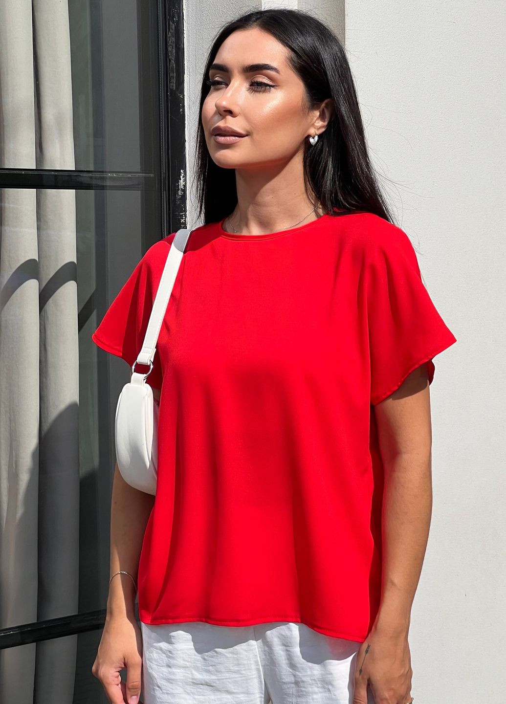 Красная женская летняя блузка с коротким спущенным рукавом INNOE Блуза-футболка