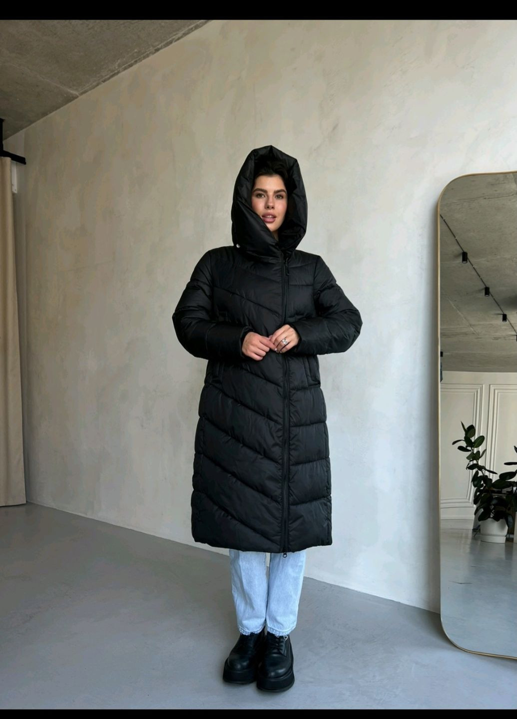 Черная зимняя зимняя женская куртка теплая длинная RUKAV пряма