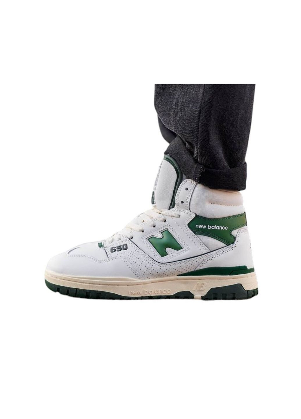 Белые демисезонные кроссовки мужские hight white green fur, вьетнам New Balance 650