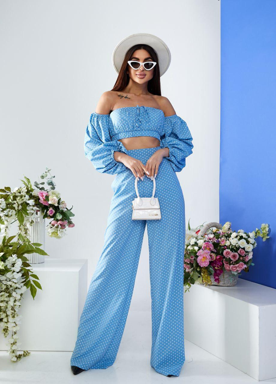 Женский костюм топ и брюки палаццо голубого цвета р.L 387293 New Trend (257611087)