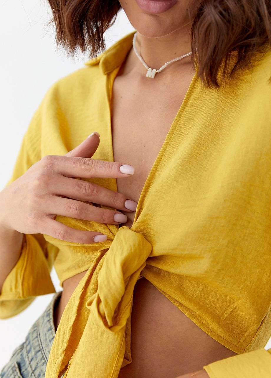 Гірчична літня жіноча укорочена блуза на запах - гірчичний Lurex