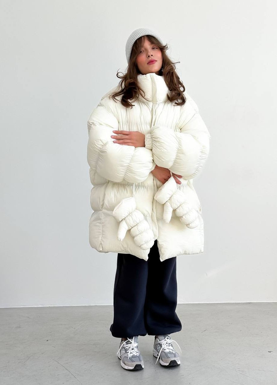 Белая зимняя женская зимняя куртка удлиненная с варежками ZF inspire