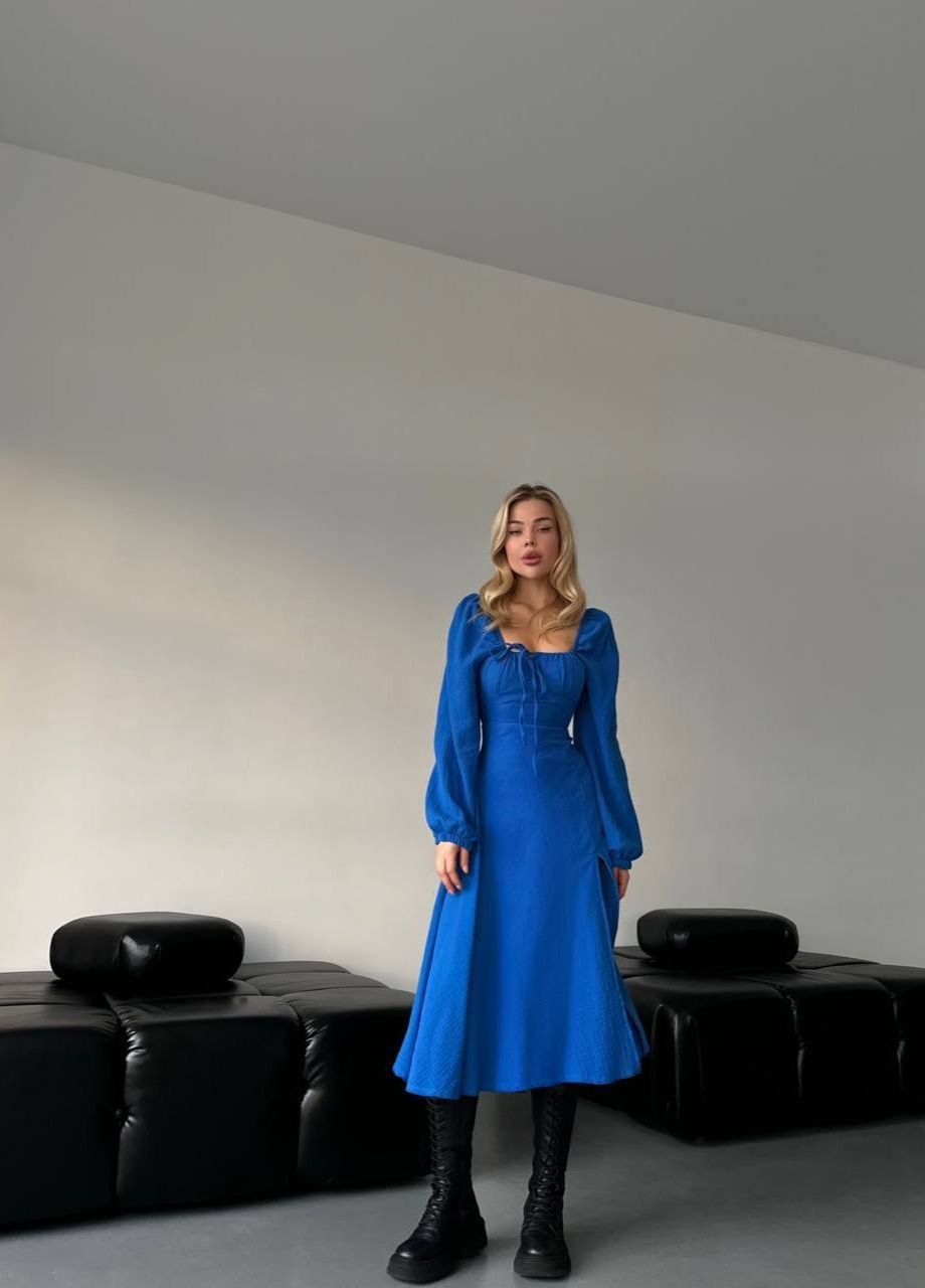 Светло-синее шикарное платье из муслина (100% хлопок)со шнуровкой на спине, стильное синее платье с открытым декольте и разрезом на ноге No Brand