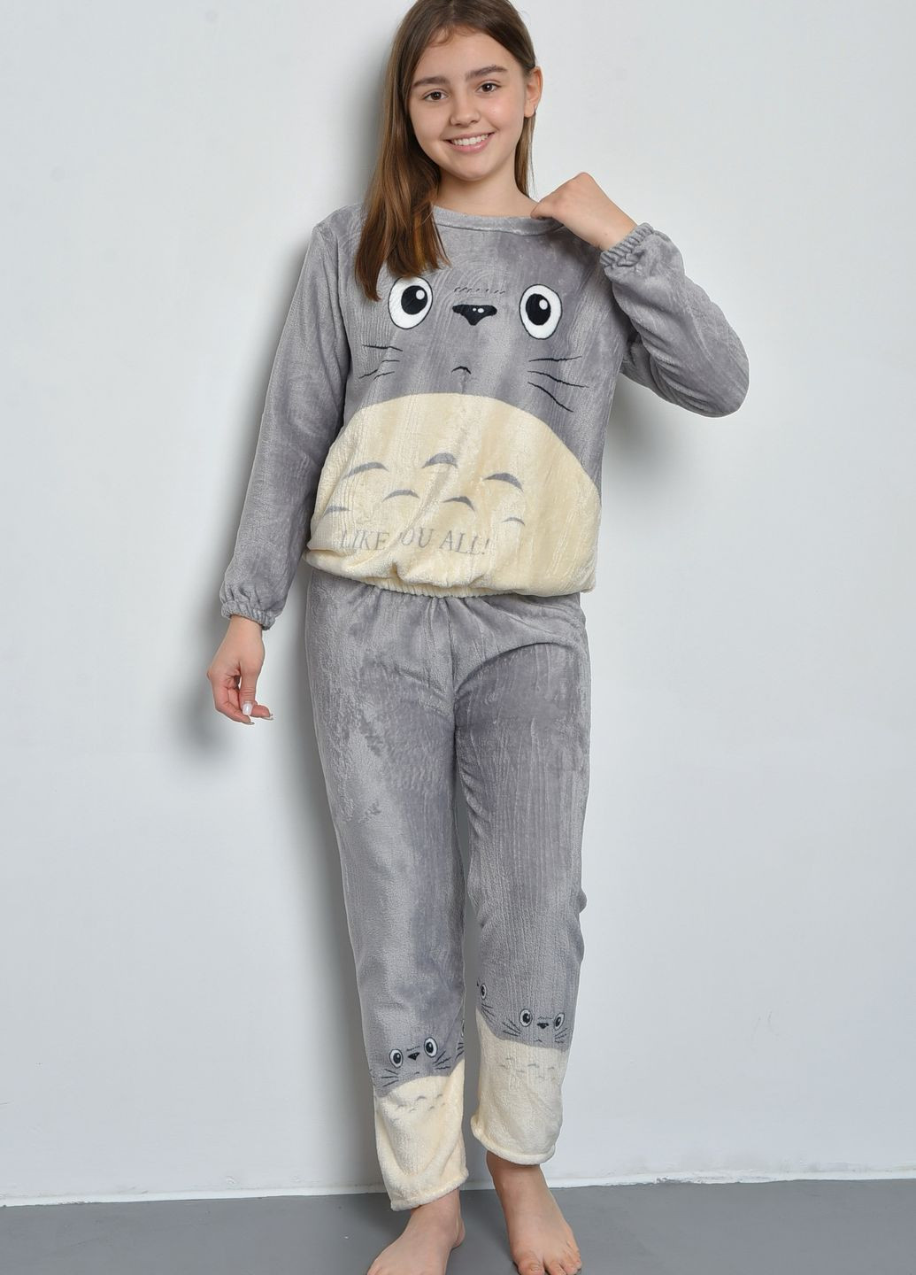 Сіра зимня піжама дітяча для підлітка плюшева сірого кольору Let's Shop