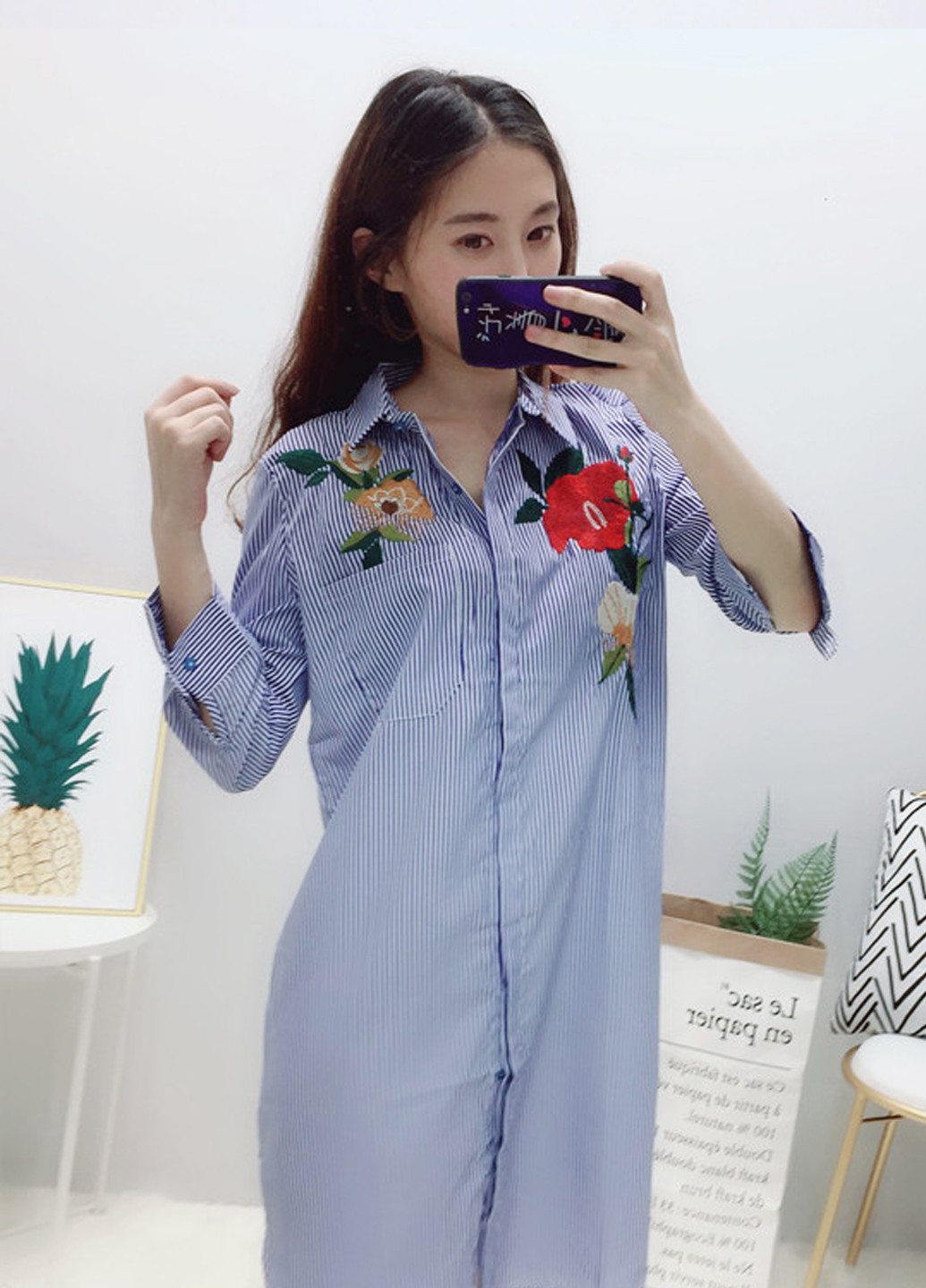 Синяя женская блуза с вышивкой flowers FS