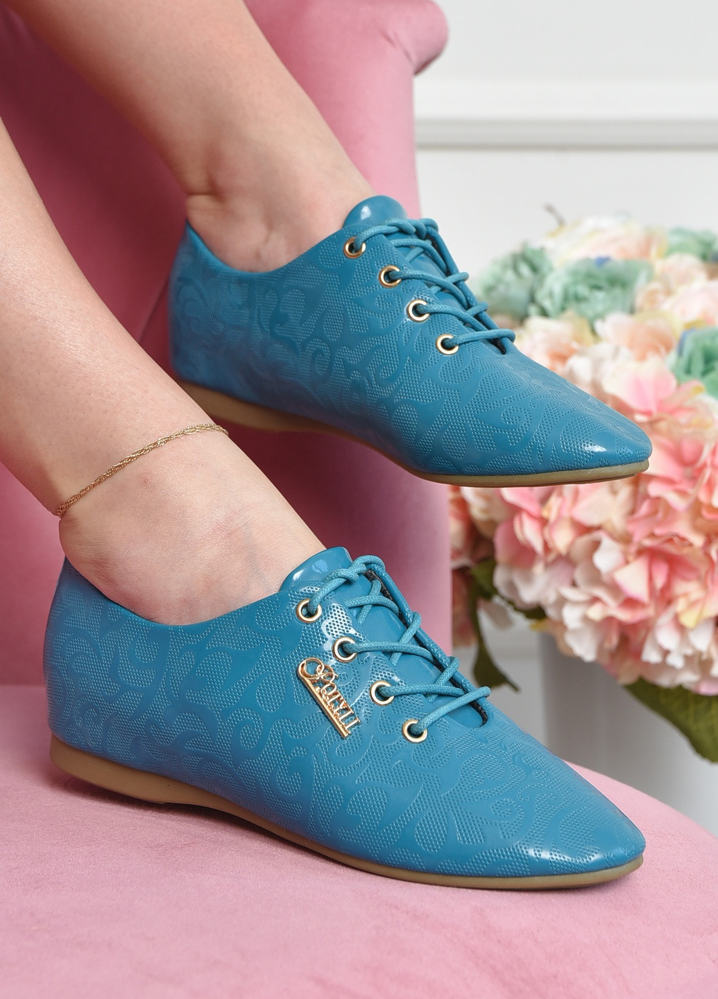 Туфлі жіночі блакитного кольору на шнурівці Let's Shop (259316789)