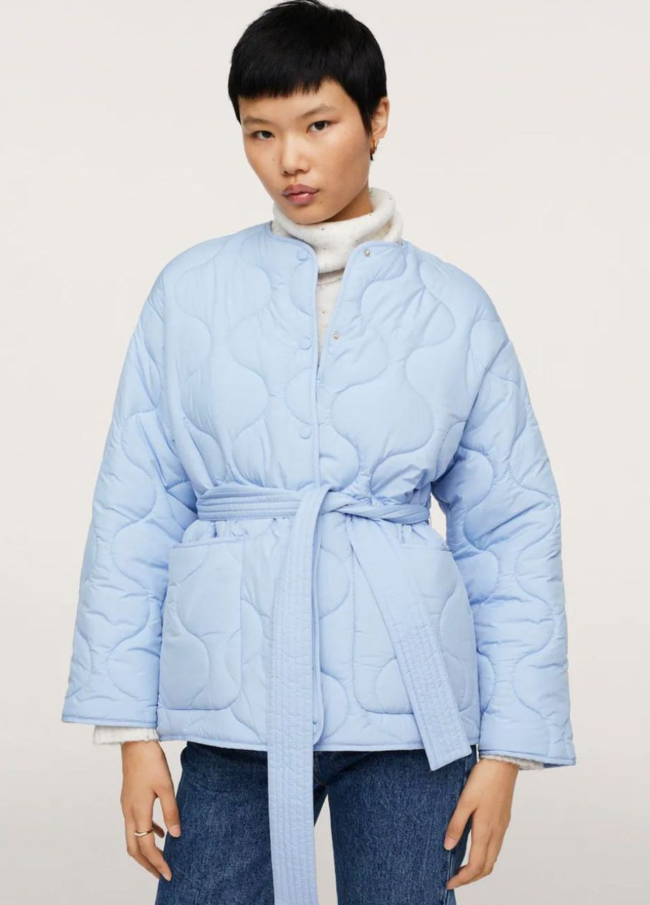 Голубая демисезонная утепленный анорак куртка с поясом Mango