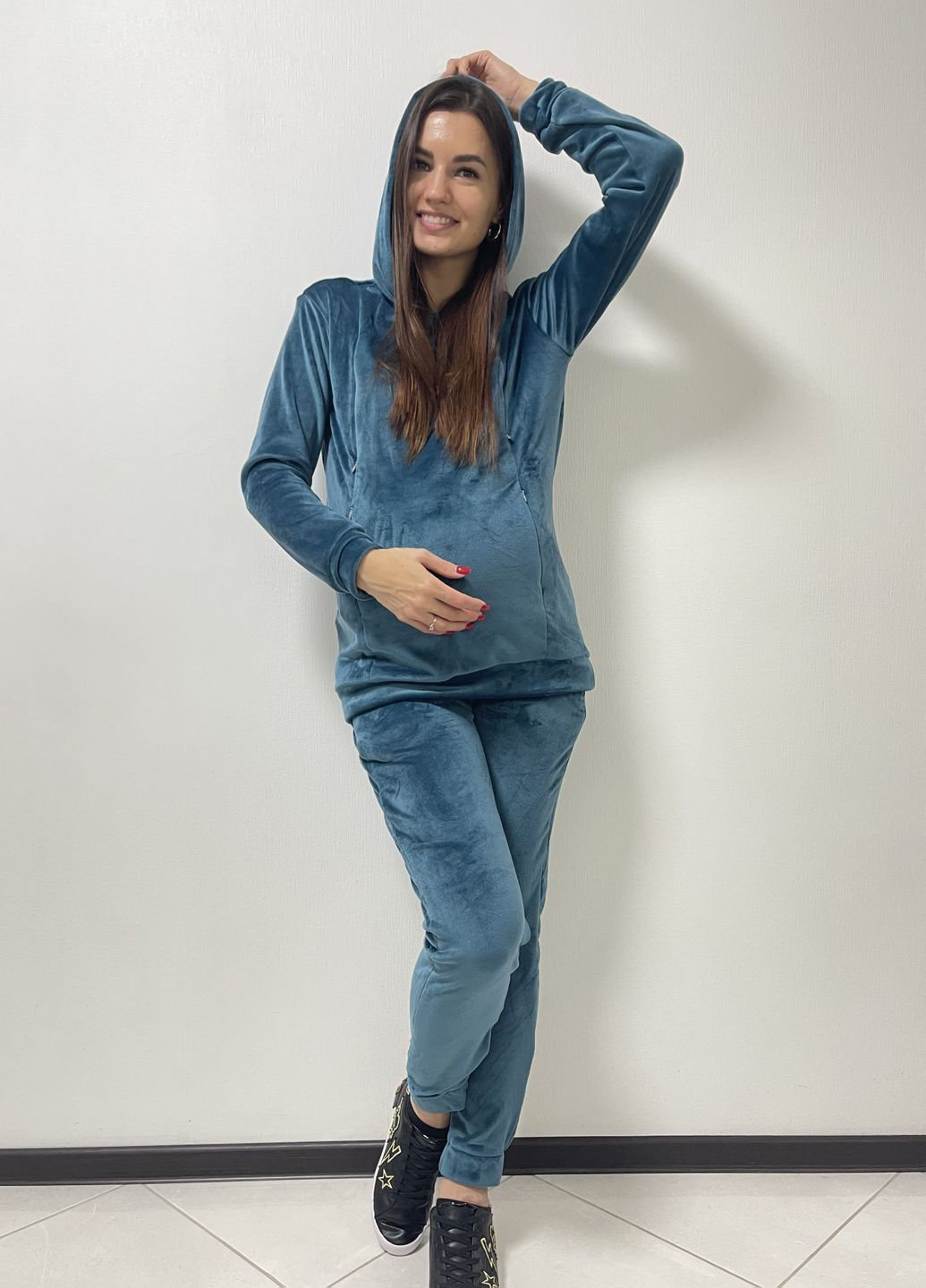 Спортивний костюм для вагітних та годуючих мам з широким бандажним поясом та секретами для годування Матуся велюровий костюм (269901303)
