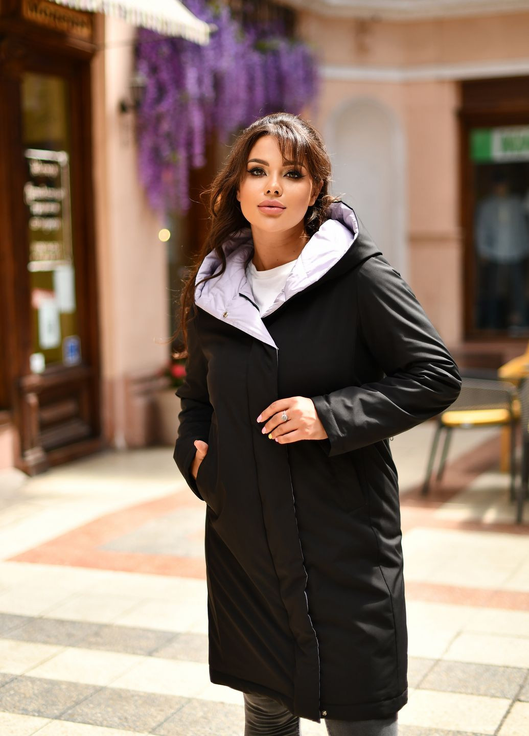 Черное демисезонное Женское пальто до колена 890708 Lusskiri