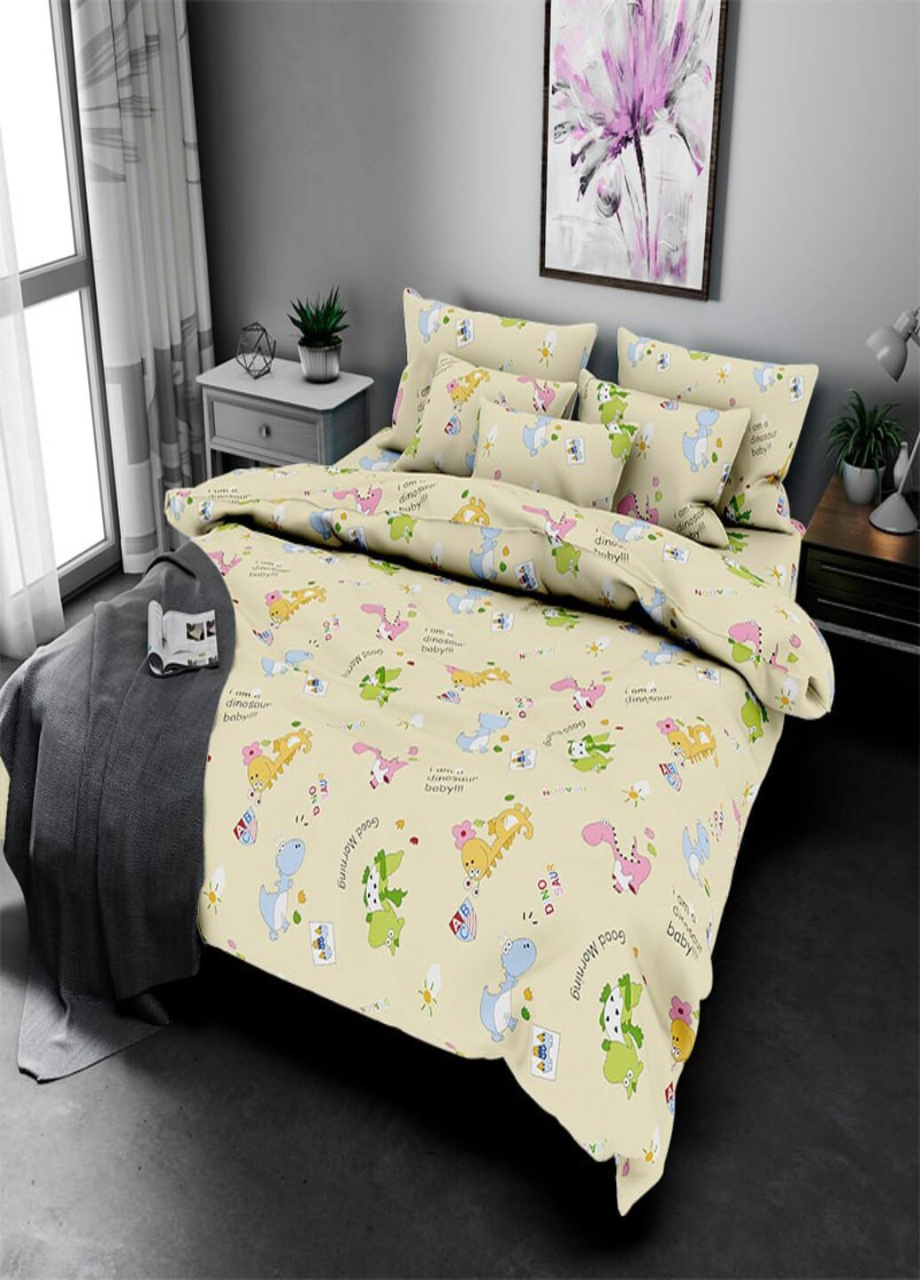 Комплект постельного белья бязь для детской кроватки Динозаврики 140х110 бежевый No Brand (267328875)