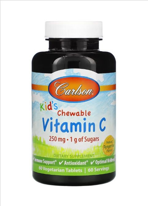 Carlson, Kid's, жевательный витамин C, натуральный мандарин, 250 мг, 60 вегетарианских таблеток Carlson Labs (269462865)