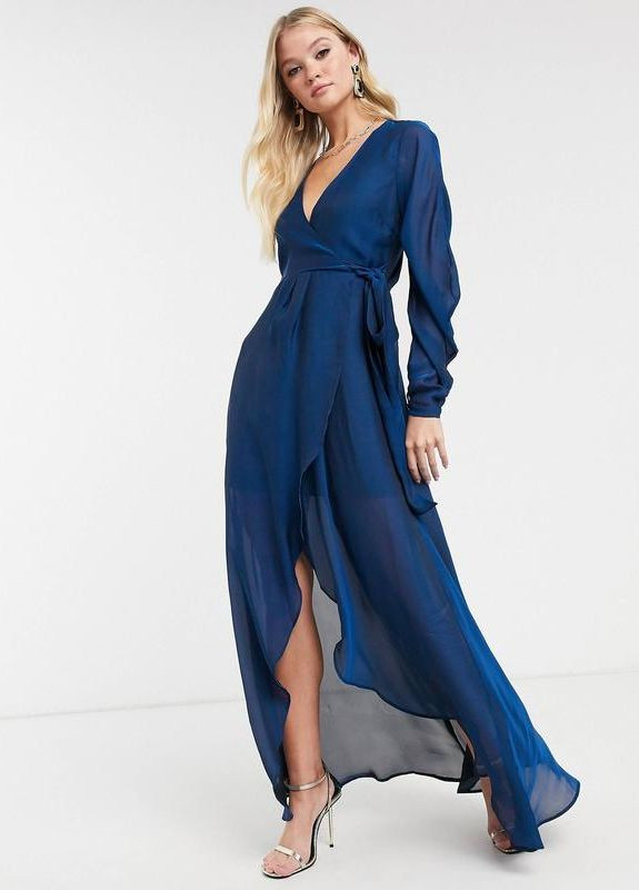 Синее праздничный, вечернее платье макси с запахом и драпированными рукавами design Asos