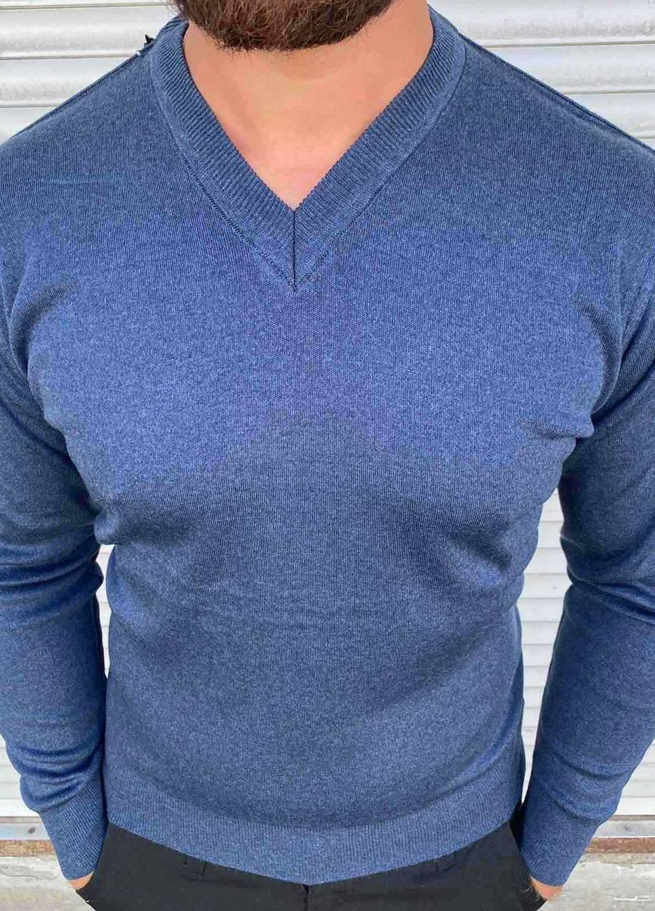 Синий демисезонный мужской базовый свитер пуловер No Brand