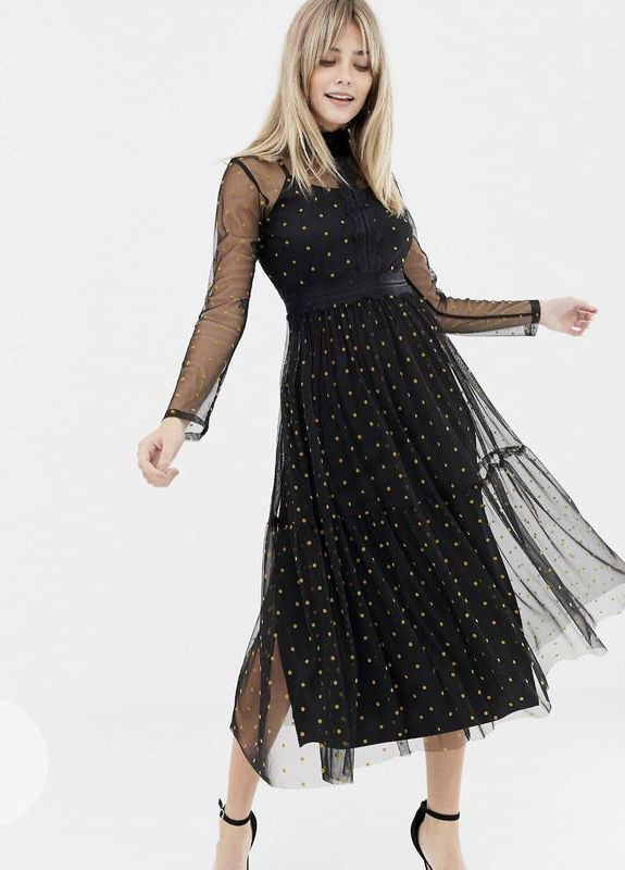 Чорна сітчаста сукня міді в горошок з мереживними вставками lace&beads Asos в горошок