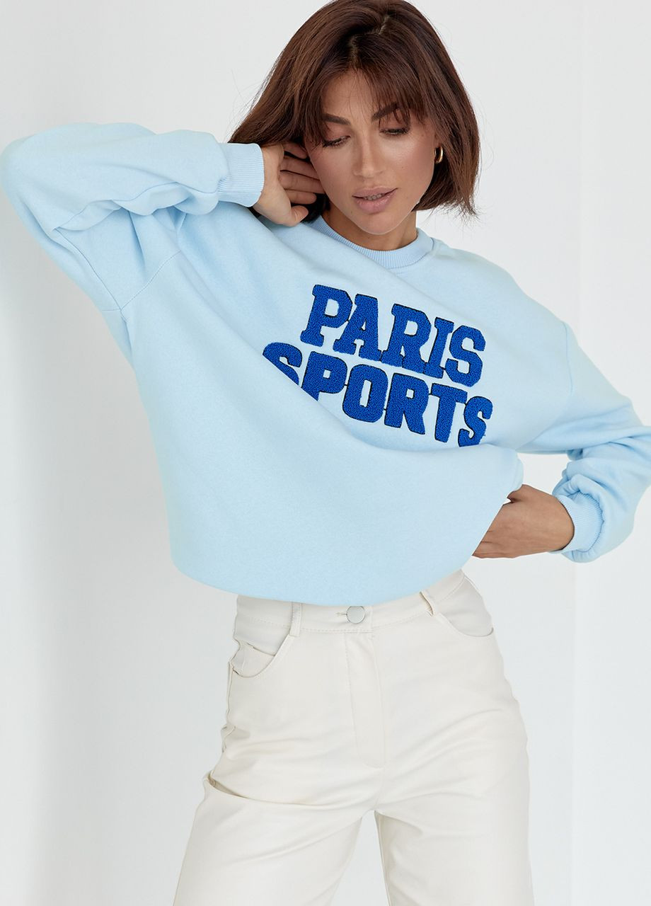 Теплый свитшот на флисе с надписью Paris Sports - голубой Lurex - Свободный крой голубой повседневный трикотаж - (264559150)