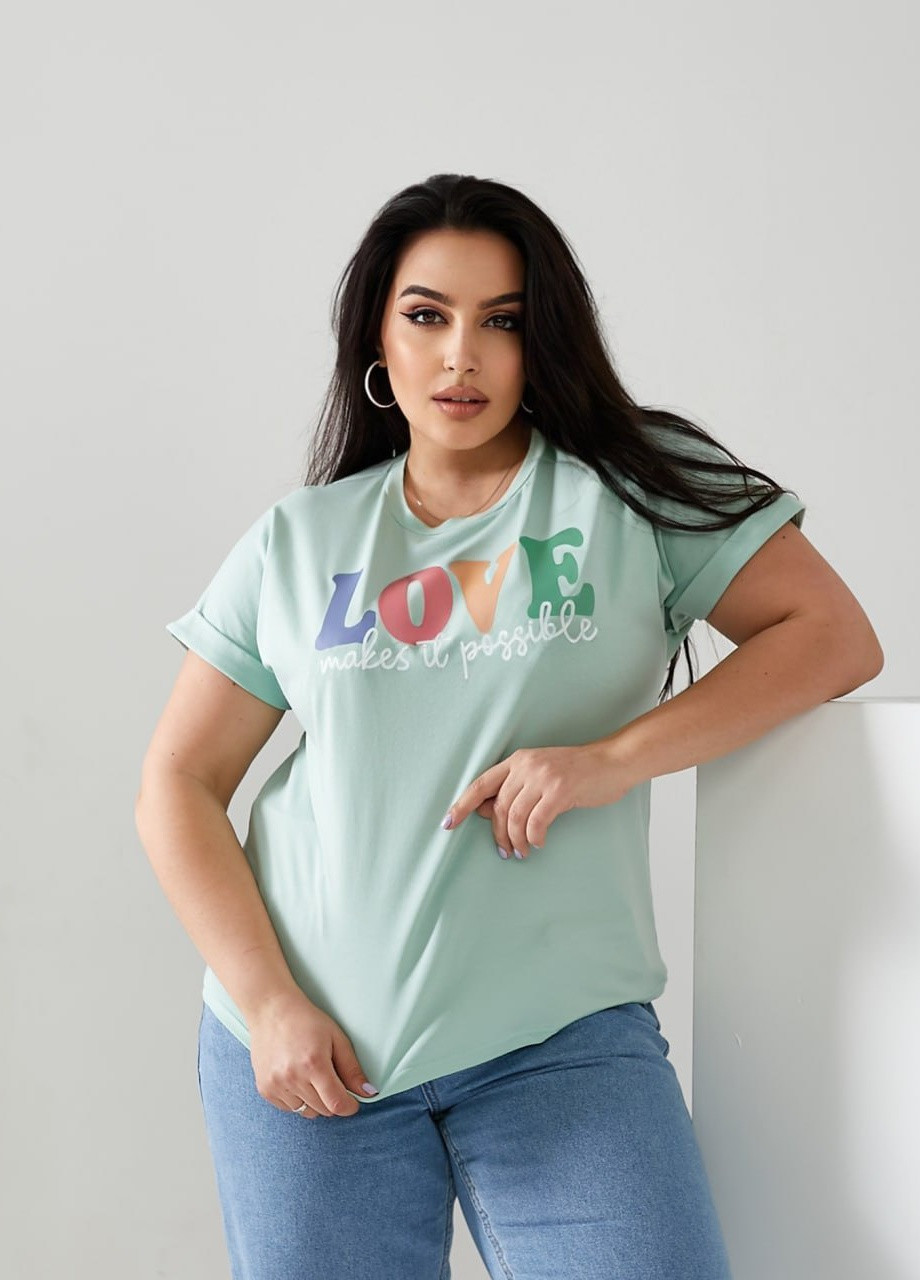 М'ятна жіноча футболка love колір м'ятний р.42/46 432435 New Trend